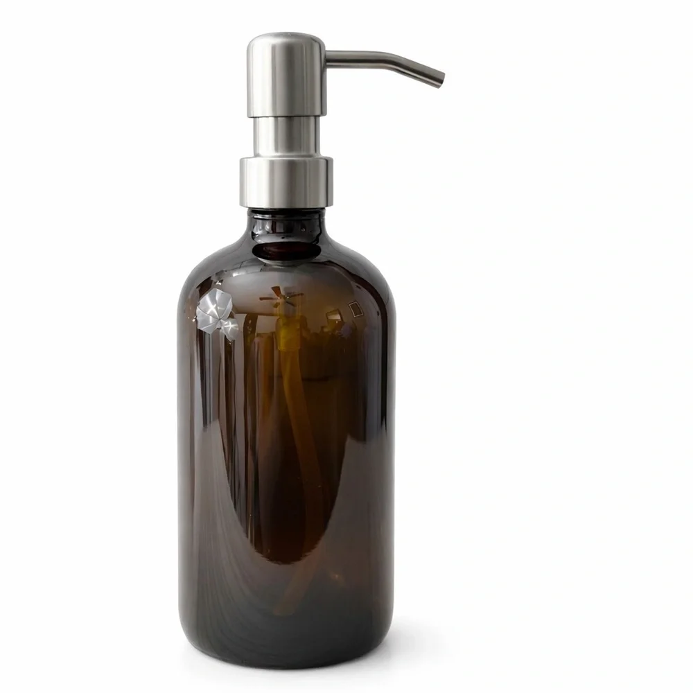 💚SET OF 2: 16 OZ. GLASS SOAP DISPENSERS W/ METAL PUMP (AMBER GLASS/SILVER PUMP)